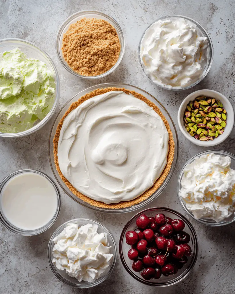 Ingredients for easy no bake pistachio pie on counter