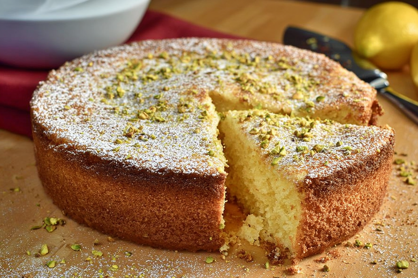 Lemon pistachio ricotta cloud cake topped with pistachios and lemon zest