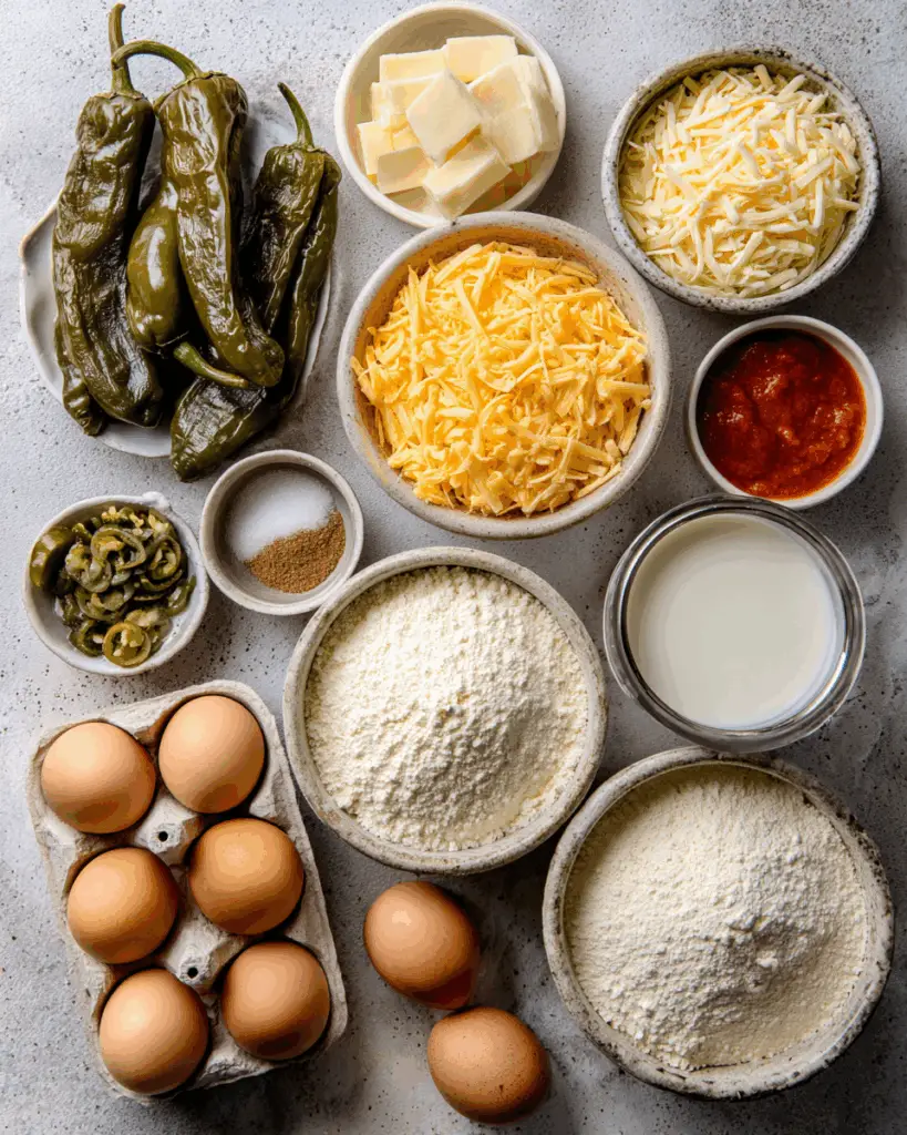 Assembling chile relleno casserole layers in a baking dish