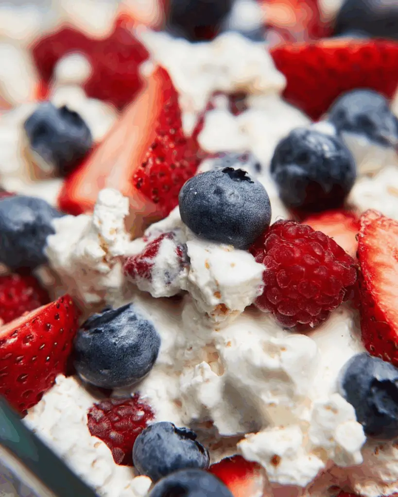 Mason jars filled with red, white and blue cheesecake salad topped with berries.