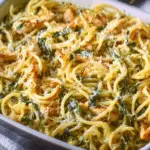 Monterey Chicken Spaghetti Family Favorite in a casserole dish with melted cheese