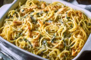 Monterey Chicken Spaghetti Family Favorite in a casserole dish with melted cheese