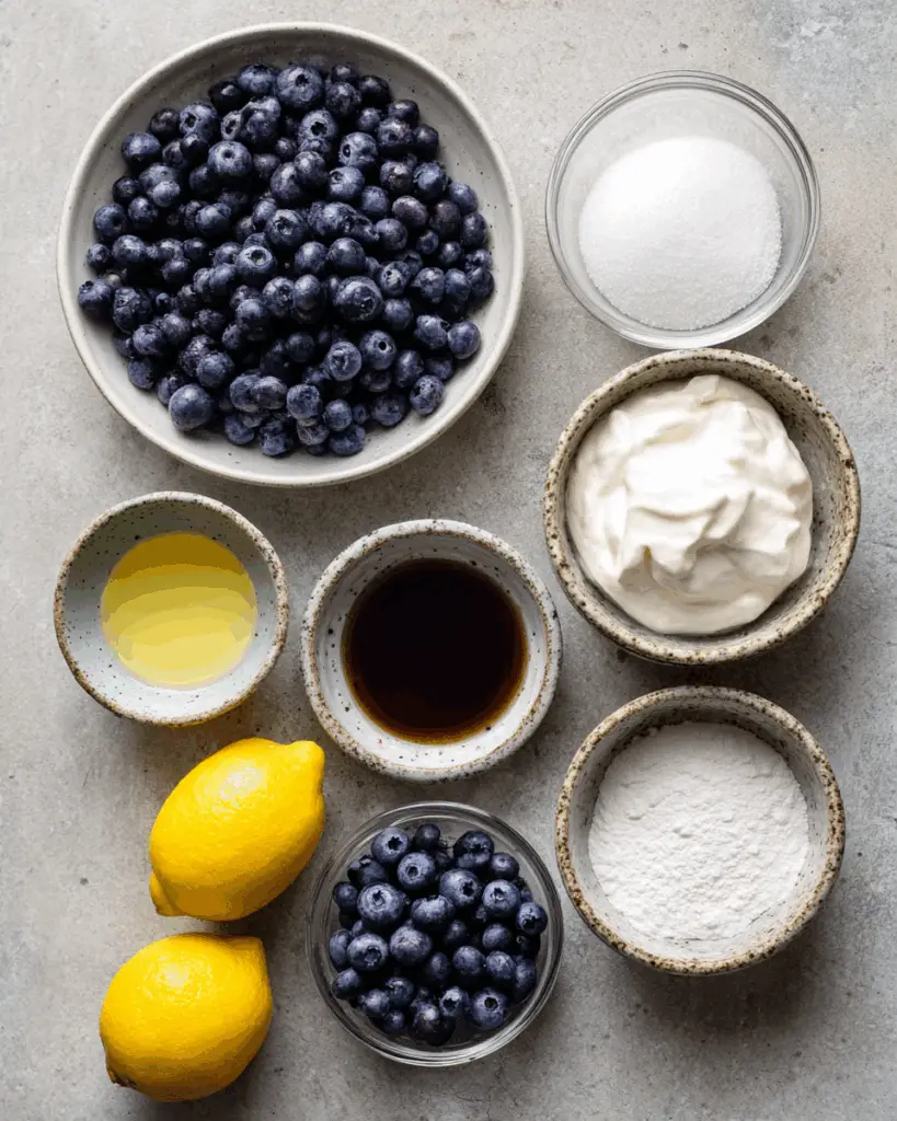 Ingredients for no-bake blueberry pie on a kitchen counter