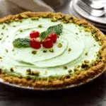 No bake pistachio pie slice with whipped cream and cherry on a plate