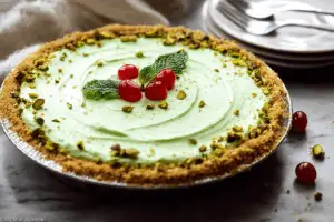 No bake pistachio pie slice with whipped cream and cherry on a plate