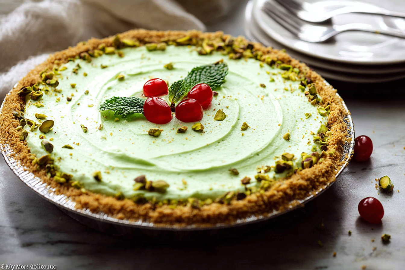 No bake pistachio pie slice with whipped cream and cherry on a plate