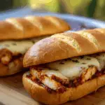 Sliced grilled mozzarella BBQ chicken sandwich on a wooden board