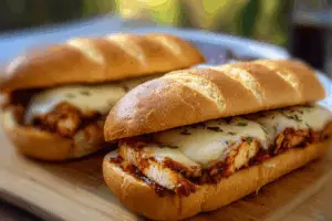 Sliced grilled mozzarella BBQ chicken sandwich on a wooden board