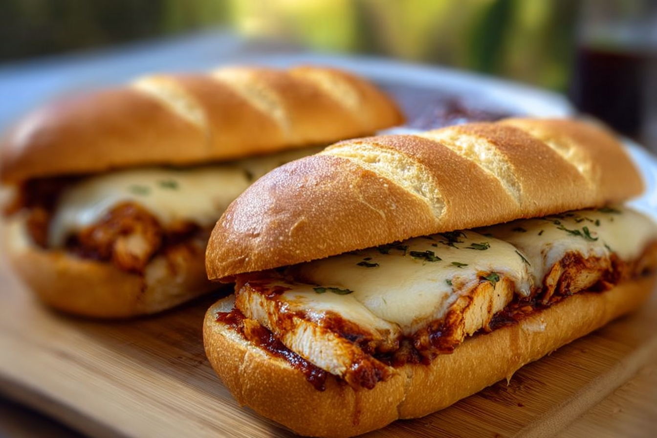 Sliced grilled mozzarella BBQ chicken sandwich on a wooden board