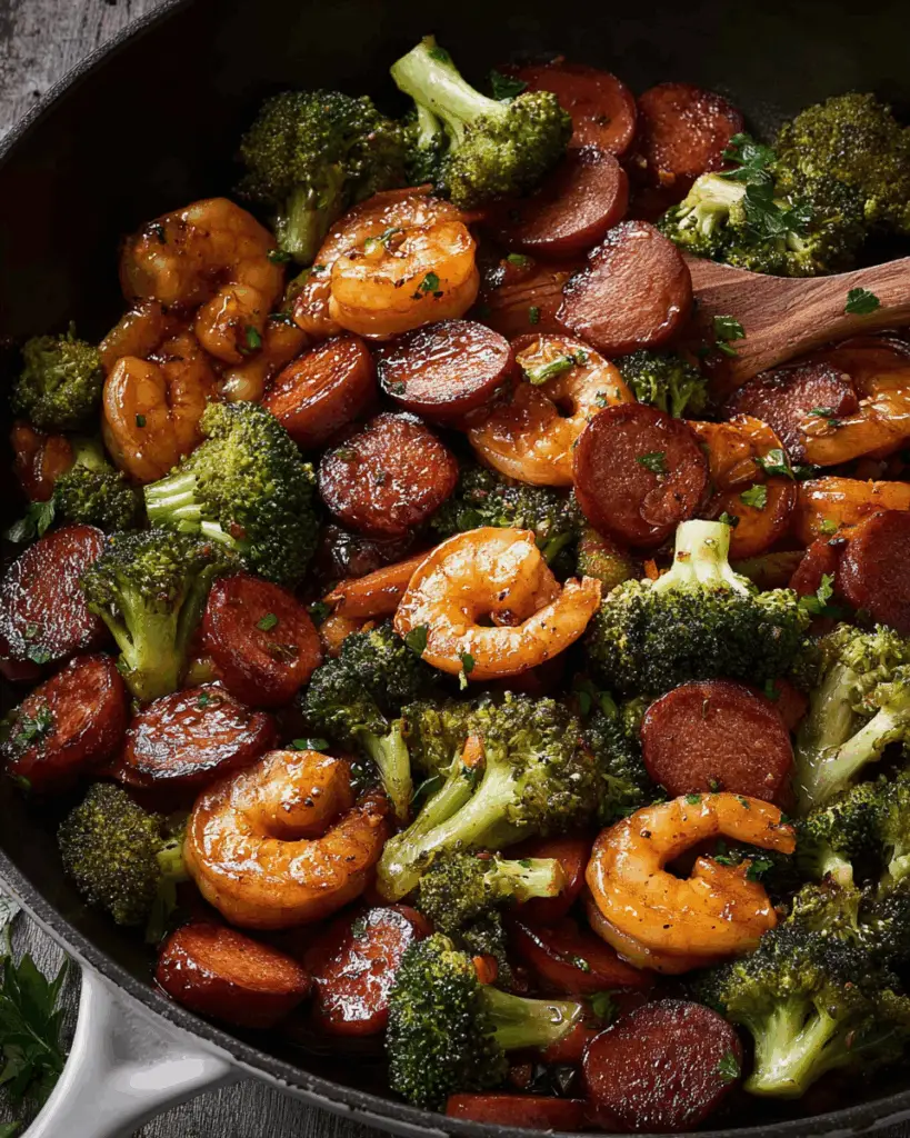 Cooking honey garlic shrimp, sausage, and broccoli in a skillet