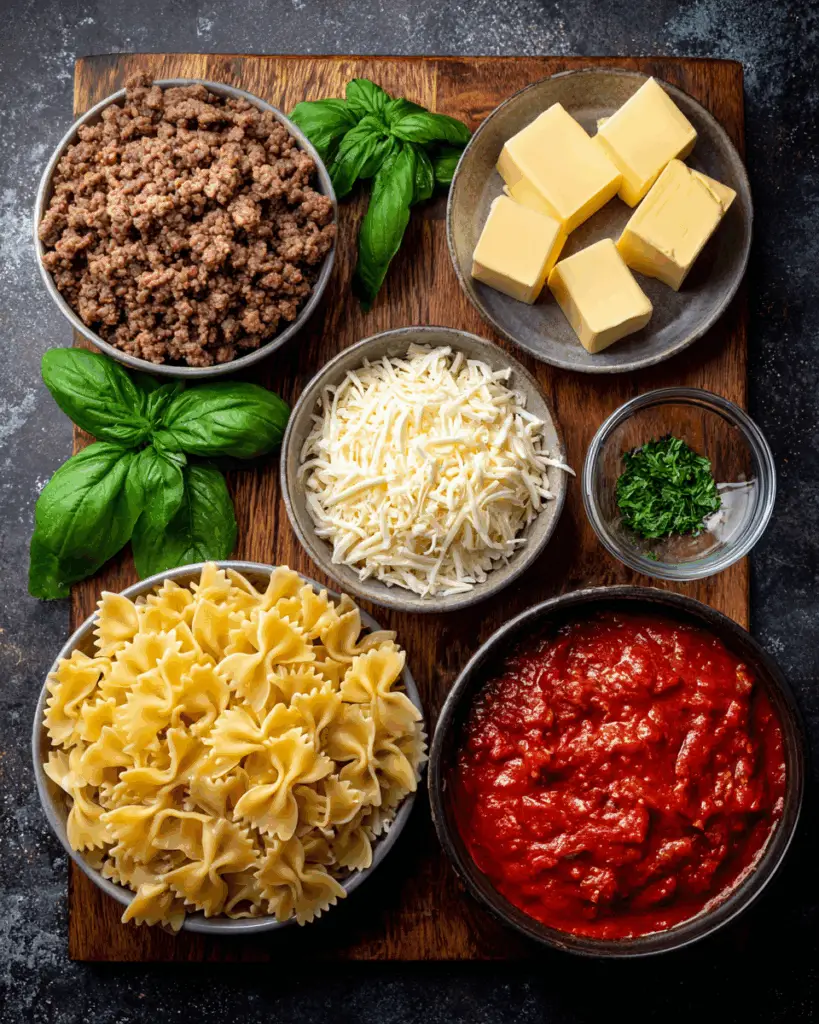 Bowtie pasta cooking with Italian beef and cheese ingredients