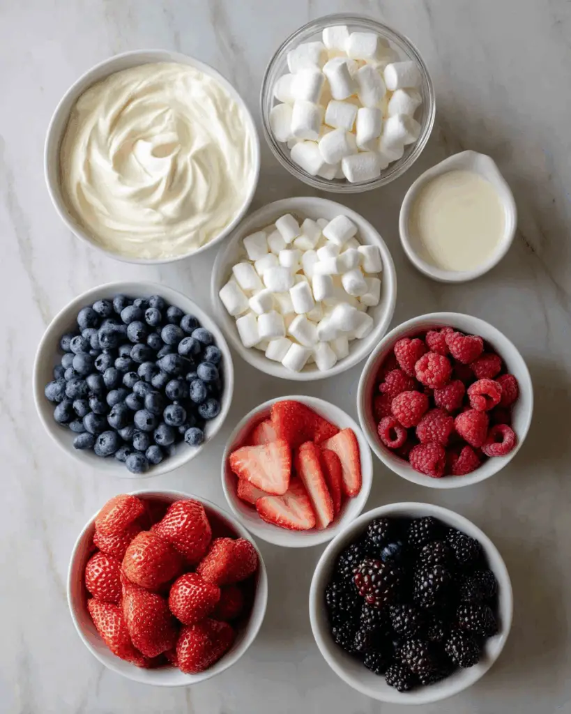 A visually striking dessert salad ready for summer parties and patriotic holidays.