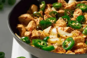 A vibrant bowl of spicy jalapeño chicken stir fry with rice