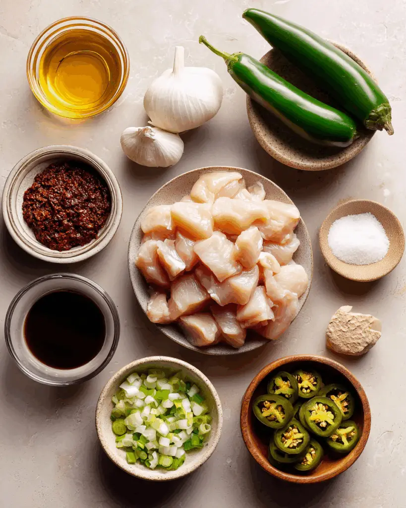 Jalapeños, chicken, and stir fry ingredients on a kitchen counter
