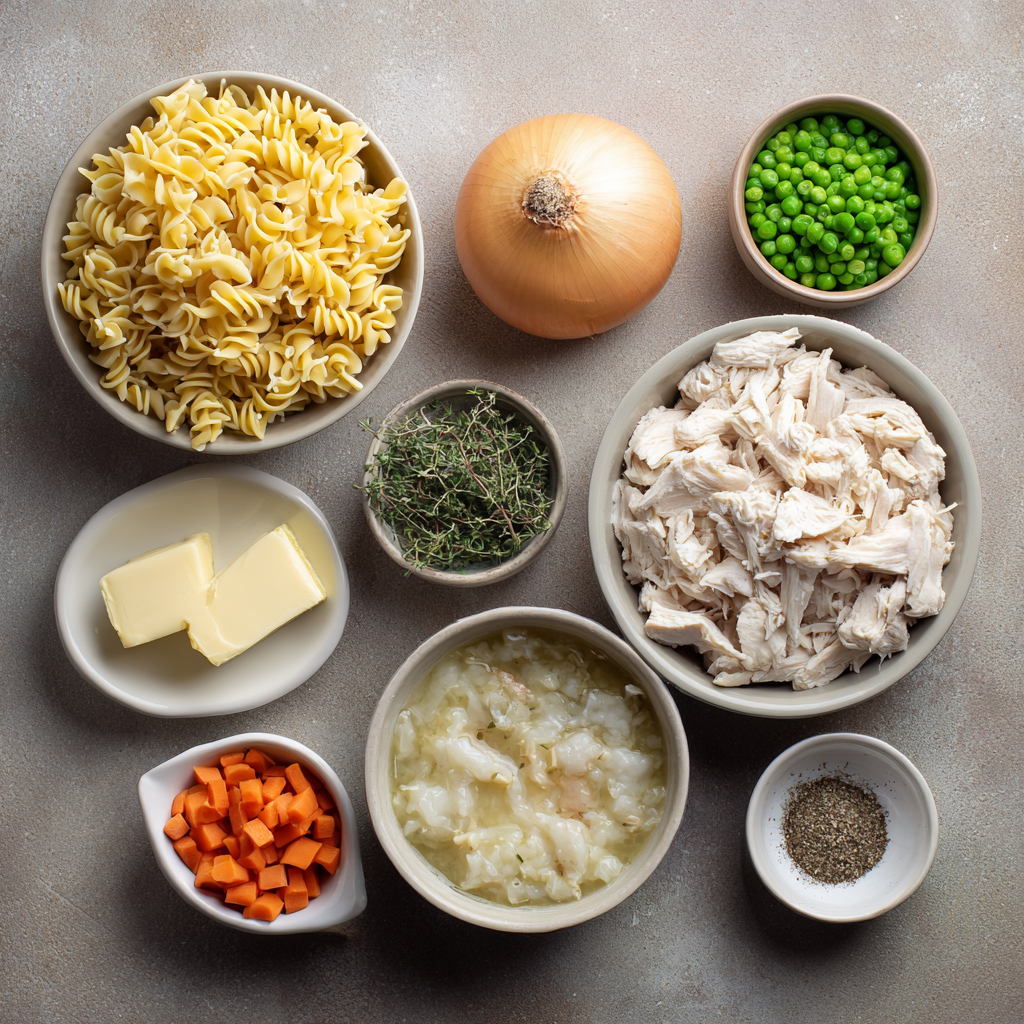Cooking Chicken Pot Pie Pasta in a skillet with egg noodles.
