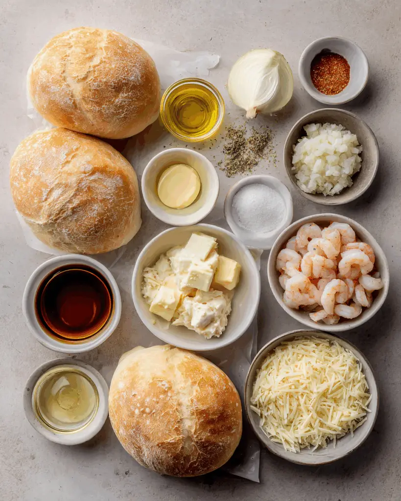 Ingredients for stuffed seafood bread bowl recipe