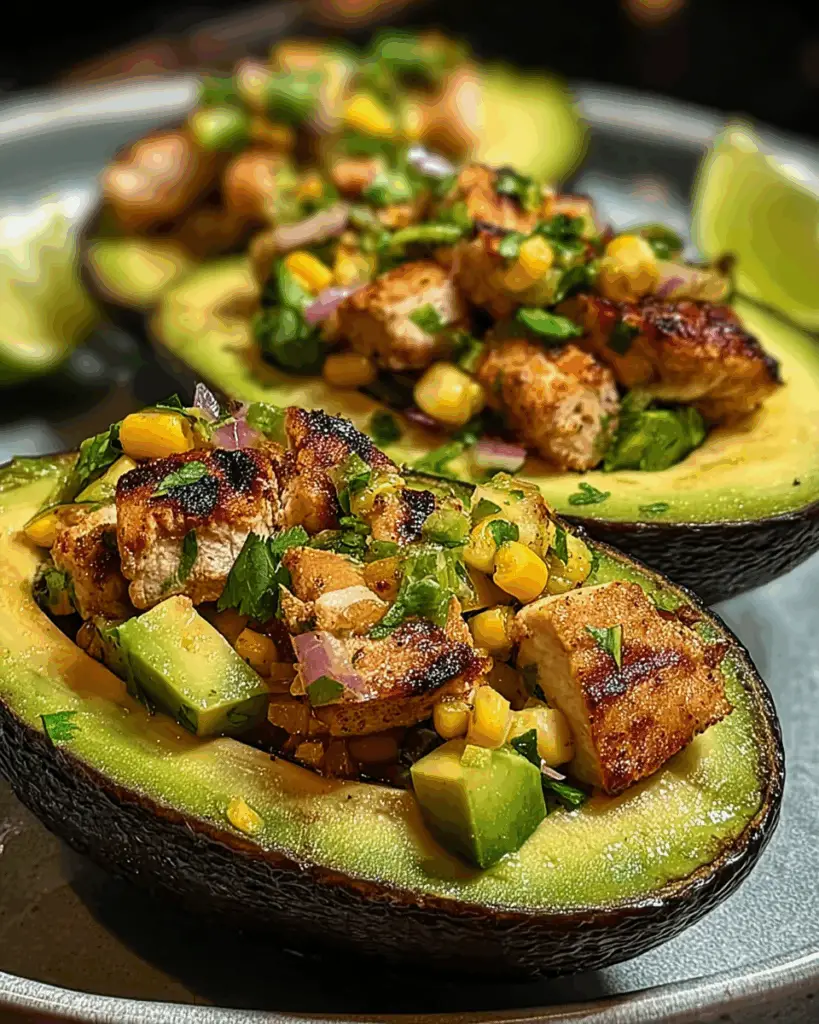 Stuffing avocados with chicken and corn salsa