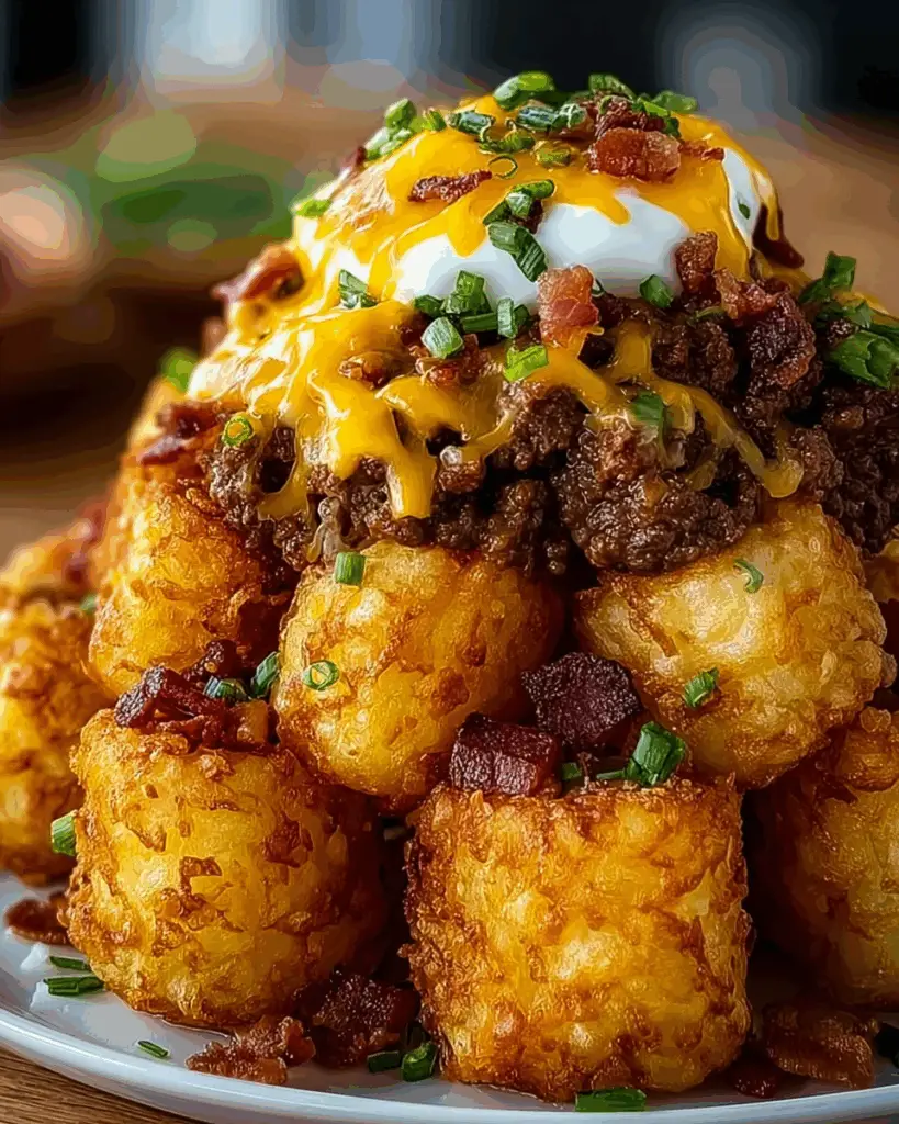 Party platter of bacon cheeseburger stuffed tater tot cones with toppings bar