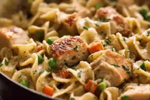 Creamy Chicken Pot Pie Pasta in a white bowl with fresh herbs.