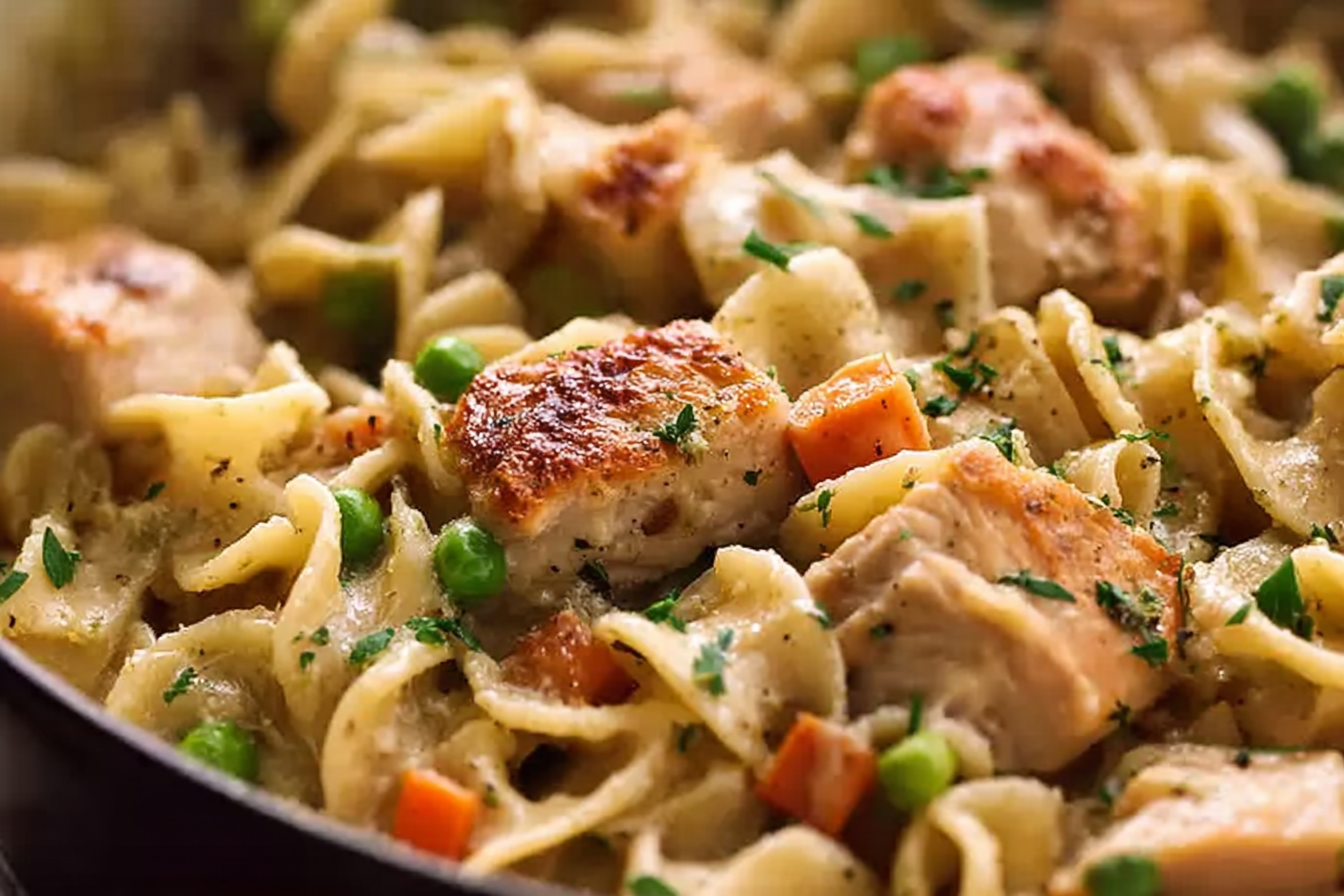 Creamy Chicken Pot Pie Pasta in a white bowl with fresh herbs.