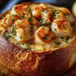 Stuffed seafood bread bowl with creamy filling and herbs