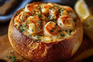 Stuffed seafood bread bowl with creamy filling and herbs