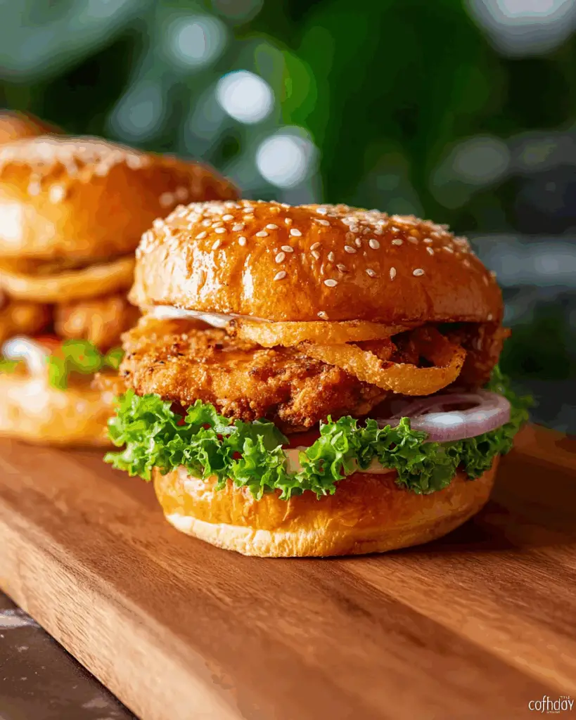 Assembling spicy chicken sandwich recipe with crispy chicken and toppings