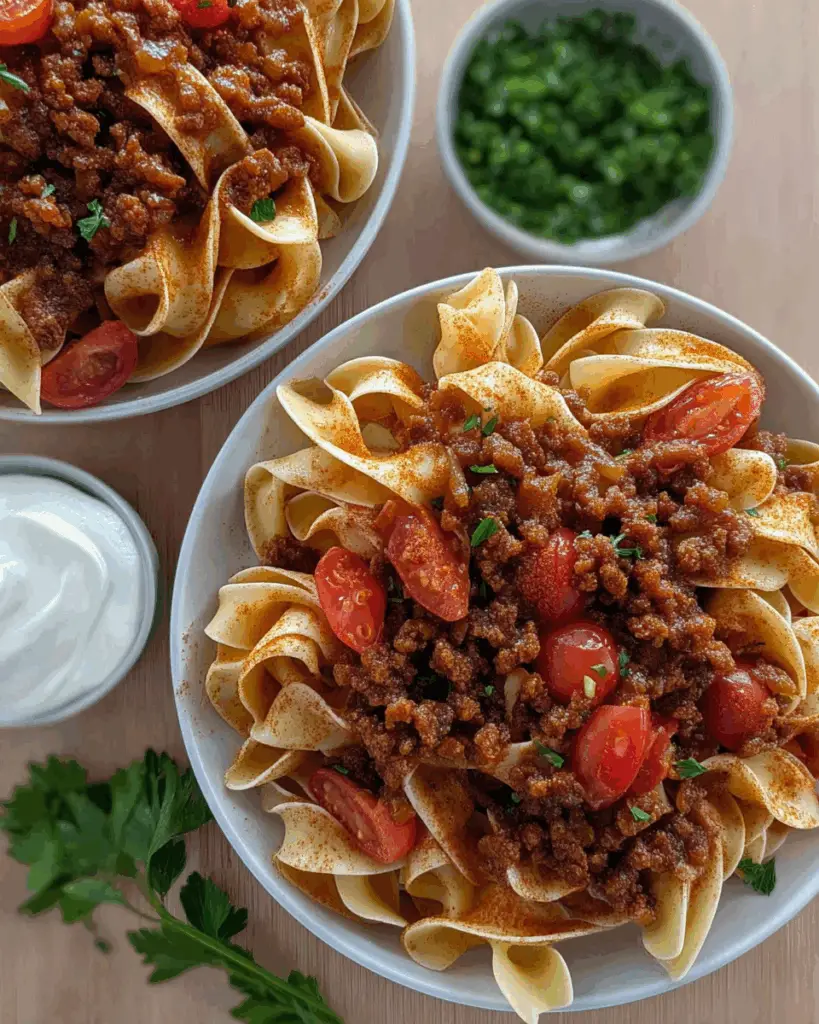 Layering Turkish pasta recipe with beef, yogurt sauce, and butter sauce