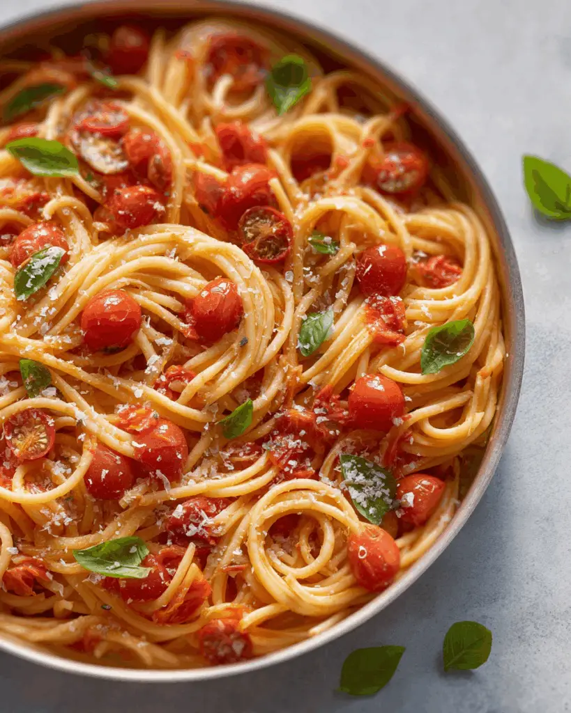 twirling spaghetti with cherry tomatoes and basil