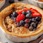 Baked Protein Pancake Bowl with berries and chocolate chips