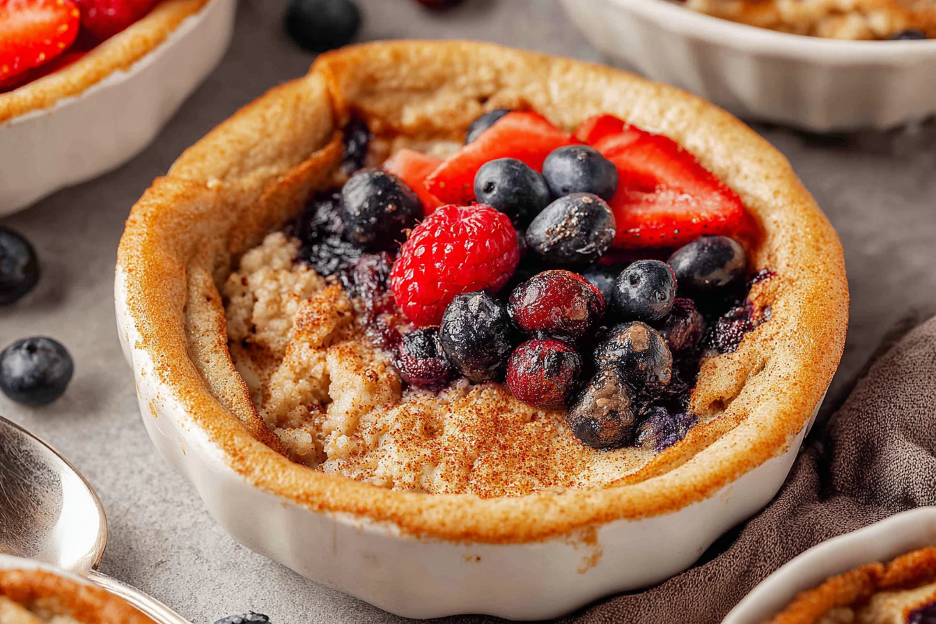 Baked Protein Pancake Bowl with berries and chocolate chips