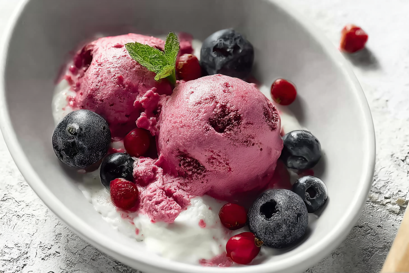 Berries Cottage Cheese Ice Cream in a rustic bowl with fresh berries