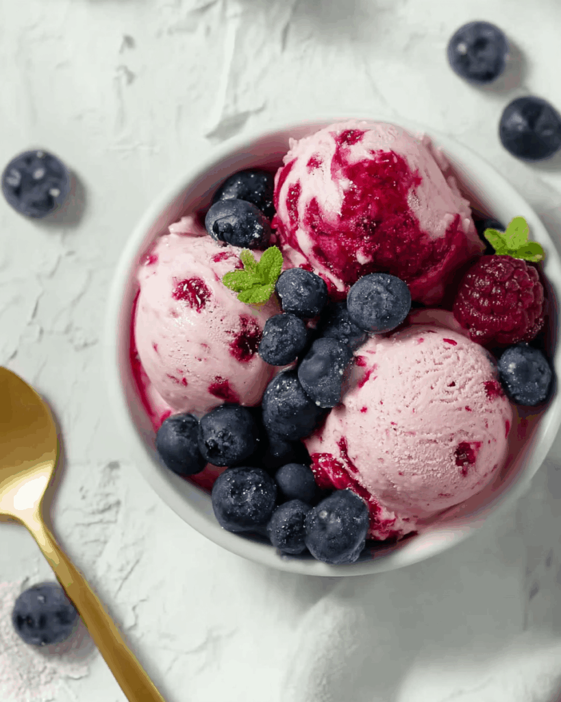 Served Berries Cottage Cheese Ice Cream with gourmet toppings