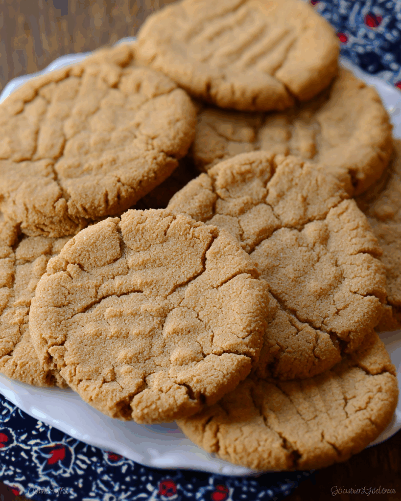 Stack of big chewy peanut butter cookies with soft centers