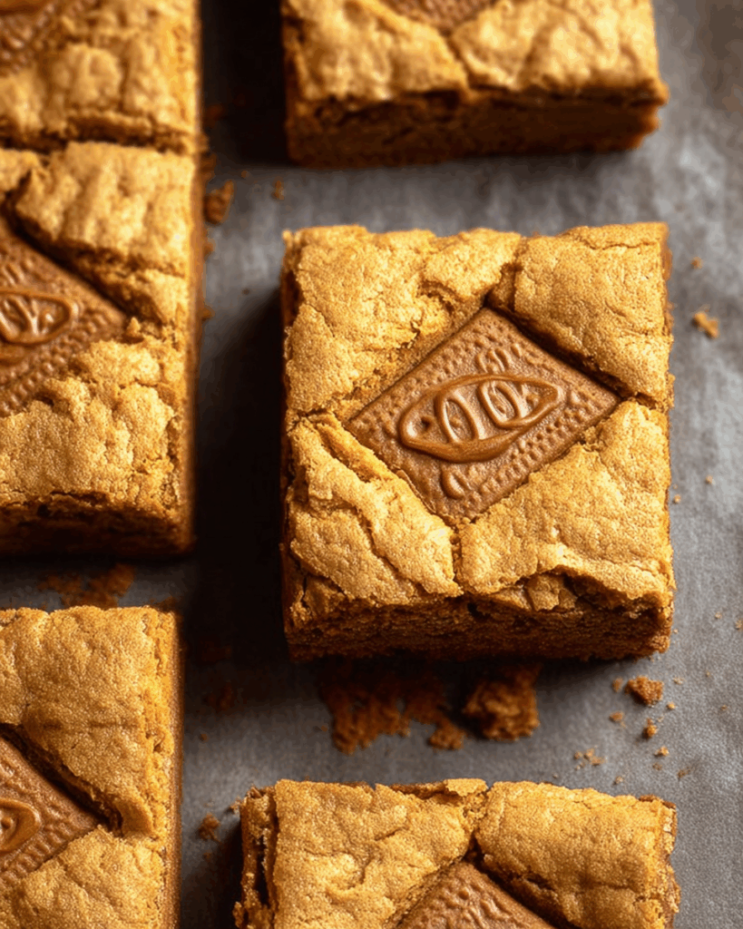 Biscoff blondie batter in baking pan with cookie topping