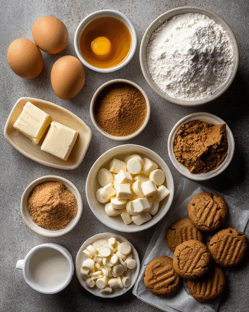 Ingredients for Biscoff blondies recipe on kitchen counter