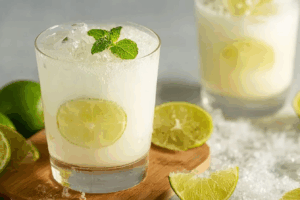 Brazilian Lemonade Recipe frothy glass with lime and mint