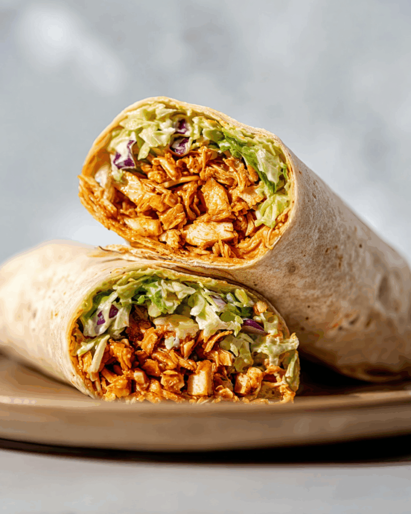 Buffalo Shredded Tofu Wrap sliced open to show layers
