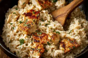 Cajun Chicken and Rice in skillet close-up