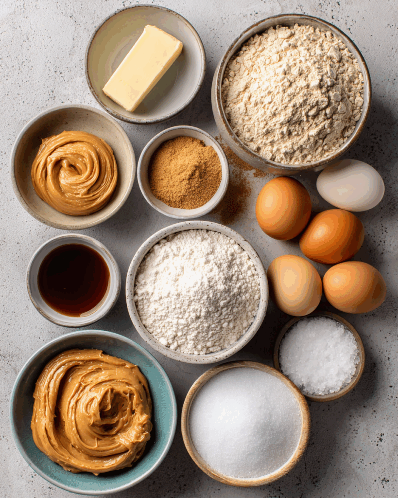 Ingredients for Chewy Peanut Butter Cookies laid out on a counter