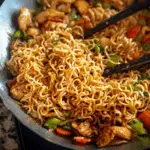 Chicken ramen stir fry with colorful vegetables and noodles