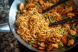 Chicken ramen stir fry with colorful vegetables and noodles