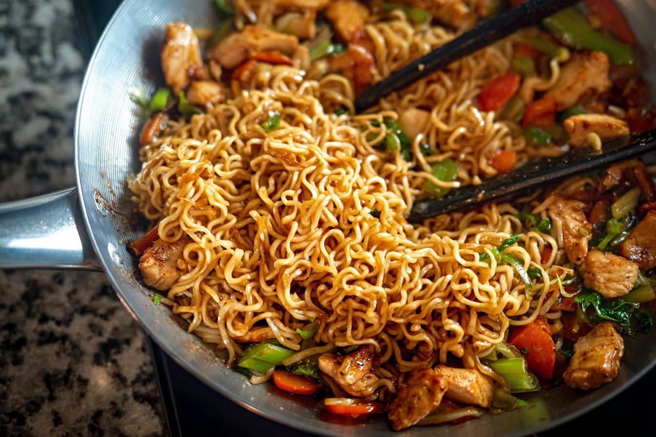 Chicken ramen stir fry with colorful vegetables and noodles