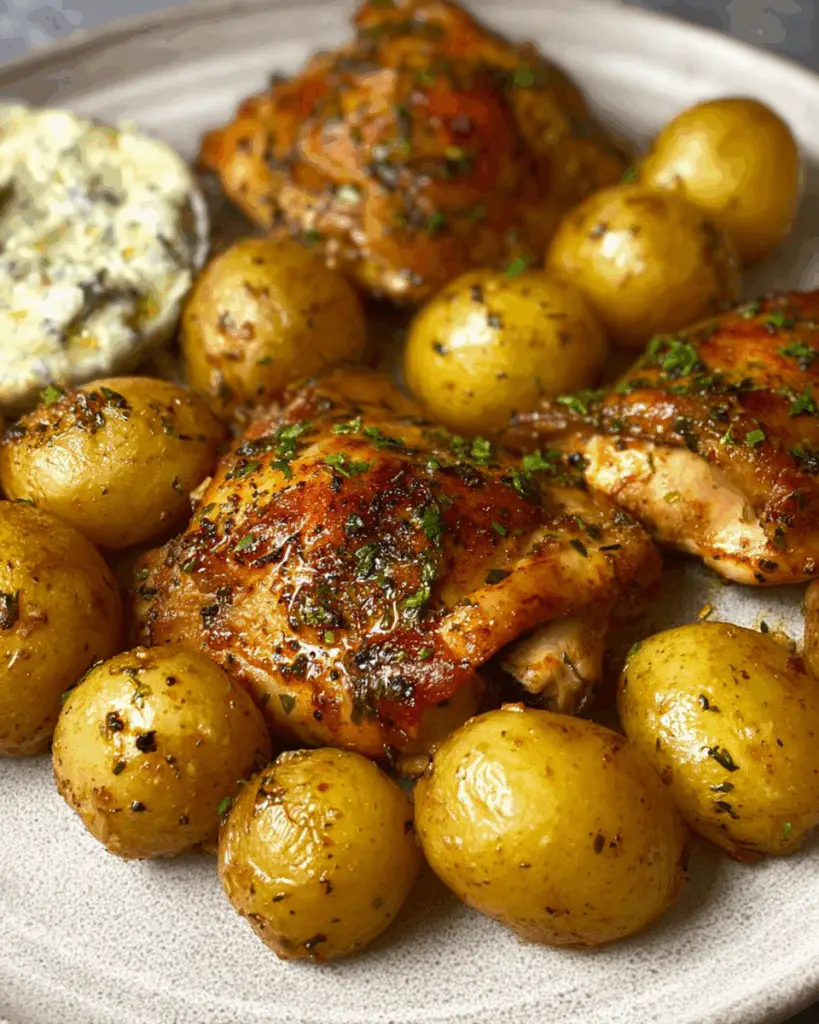 Chicken thighs and baby potatoes roasting in the oven
