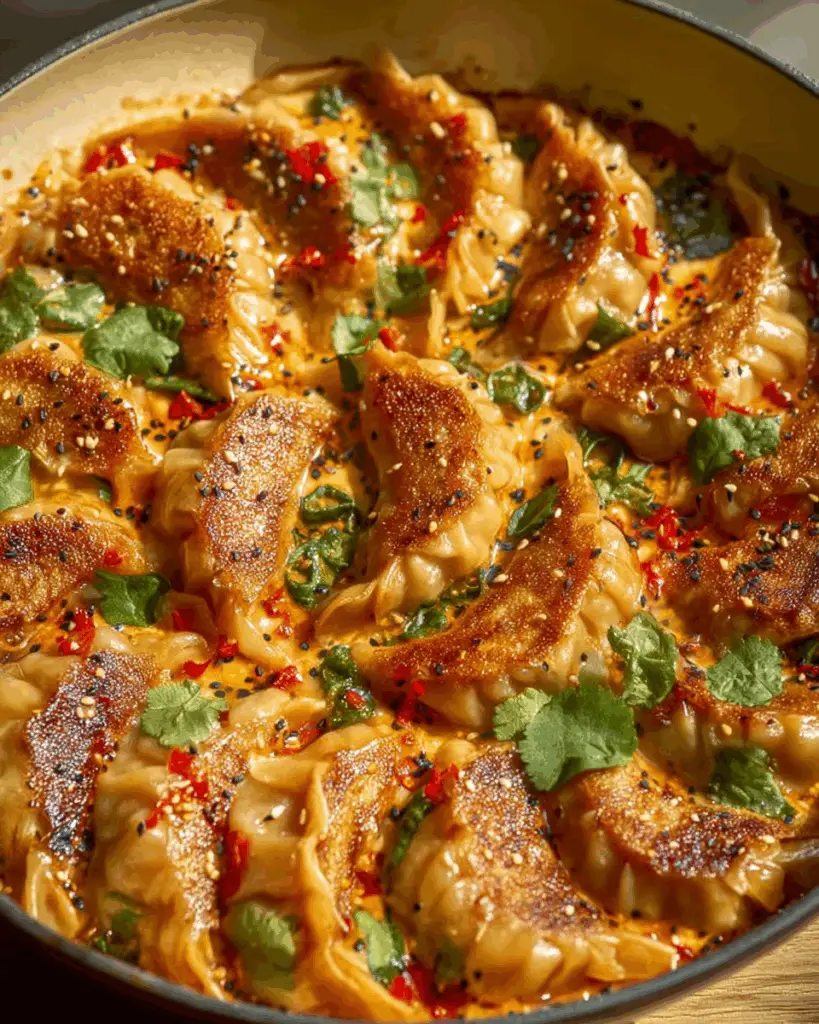 Cooked Viral One-Pan Baked Dumplings with steaming filling