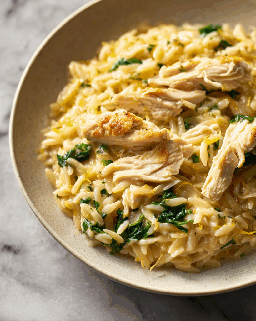 Cooking lemon chicken orzo recipe in a pot