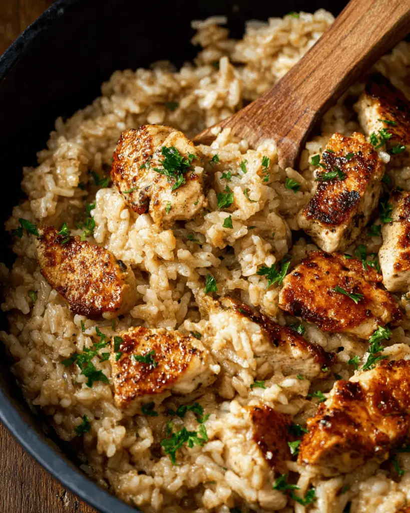 Pouring creamy Cajun sauce over chicken and rice