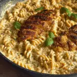 Creamy Chicken Garlic Parmesan Pasta served in a white bowl with golden chicken slices