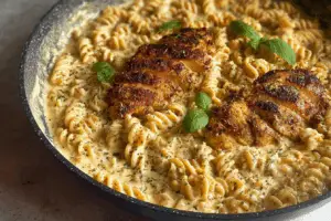 Creamy Chicken Garlic Parmesan Pasta served in a white bowl with golden chicken slices