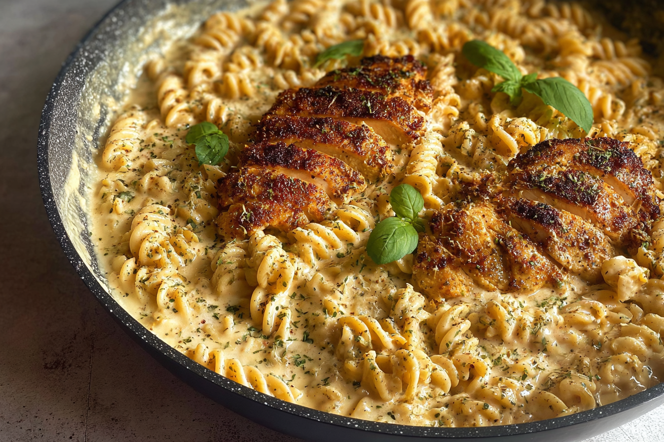 Creamy Chicken Garlic Parmesan Pasta served in a white bowl with golden chicken slices